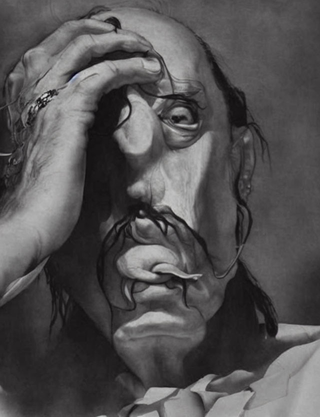 Surrealist black and white portrait with exaggerated features and face illusion