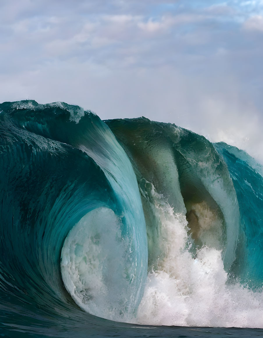 Towering Wave with White Foam Against Blue Sky