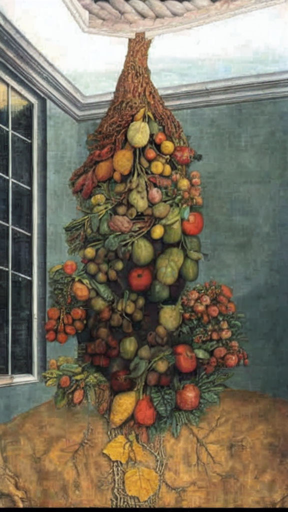 Unique oil painting of inverted pyramid tree with fruits in room with window and open ceiling