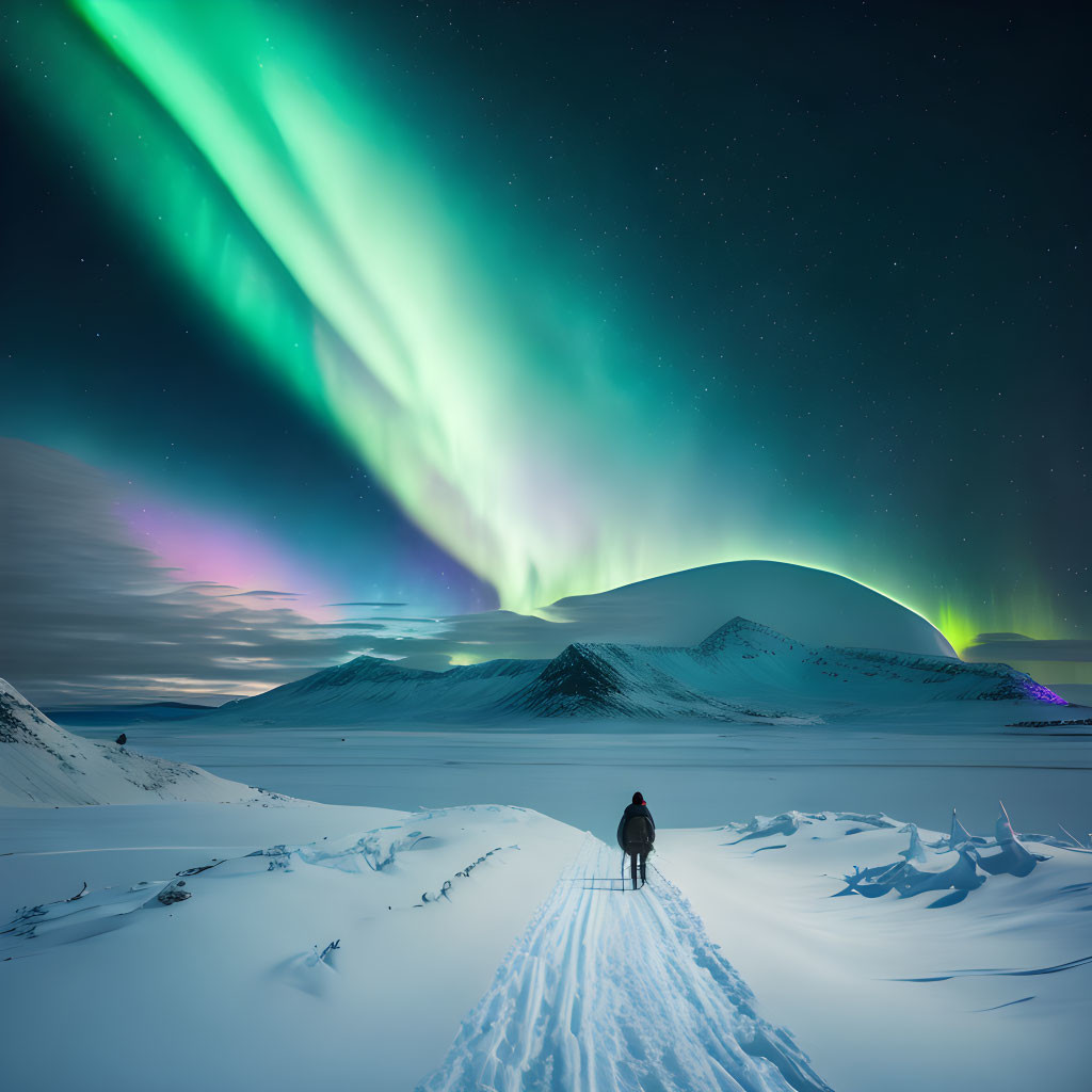 Snowy Path with Vibrant Northern Lights Display at Twilight