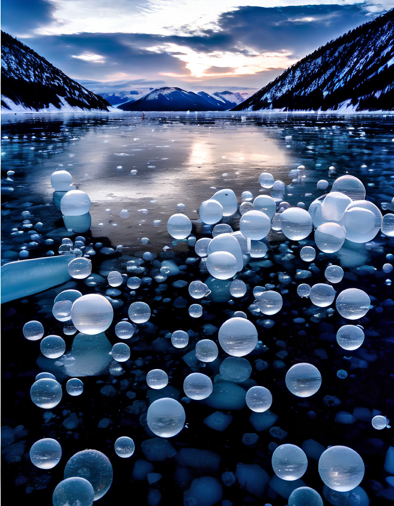 Frozen Lake Surface: Twilight Snowy Mountain Landscape