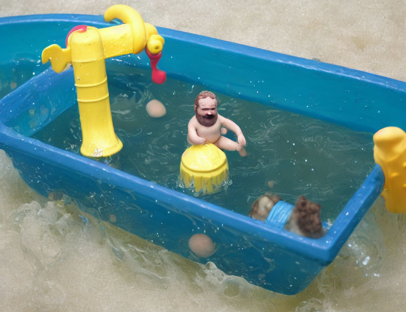 Miniature Bathtub with Man Figurine, Foam, Yellow Taps, and Toys