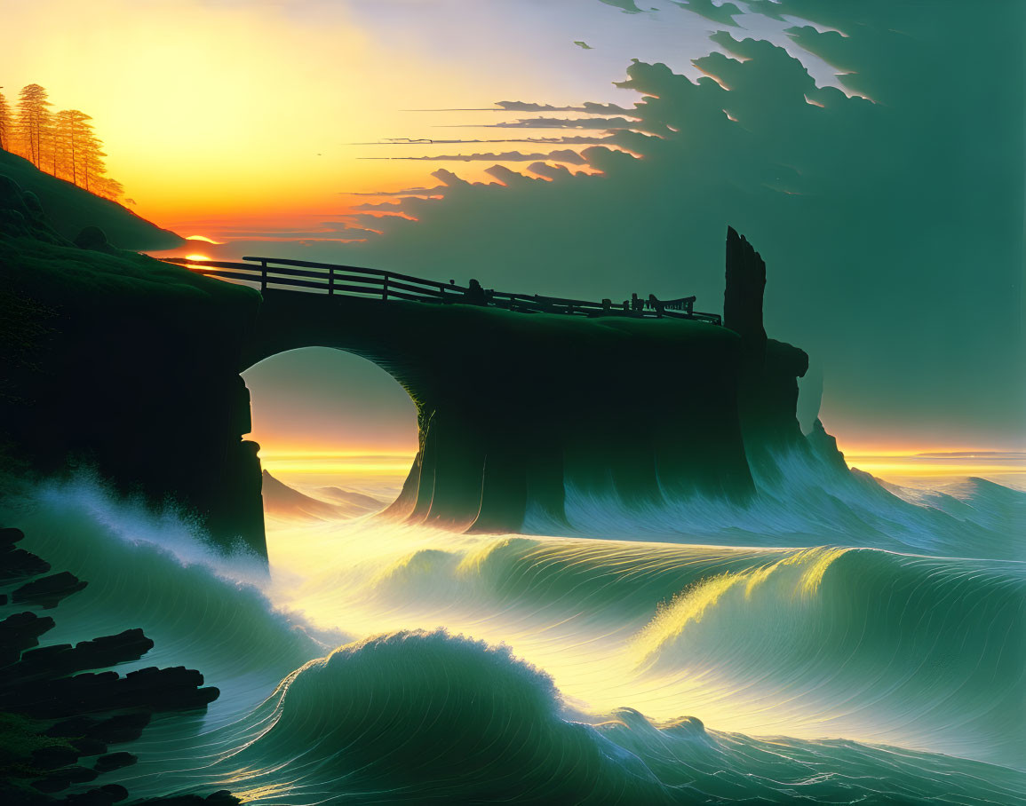 Sunset over ocean with cliff, bridge, and rock formation