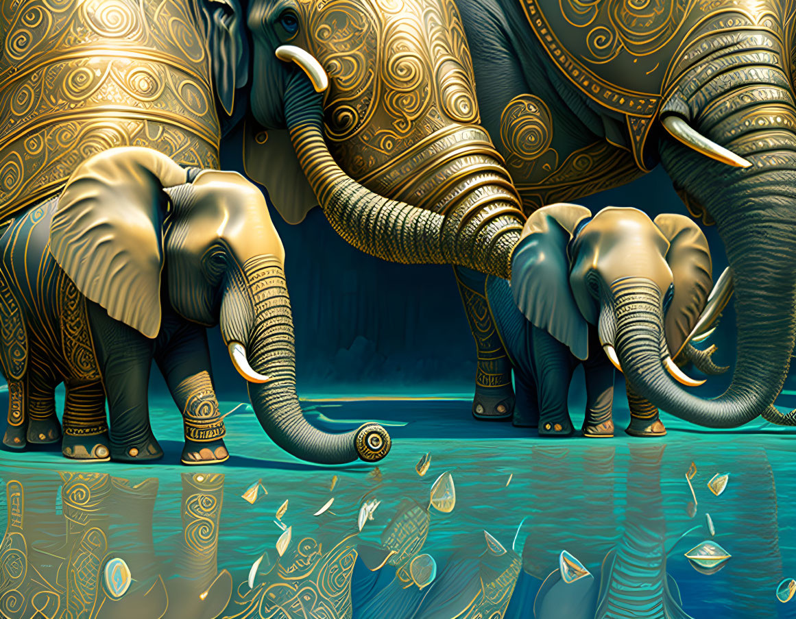 Ornate elephants reflected in water under teal light