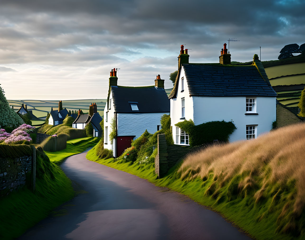 Tranquil countryside lane with white houses and green hills