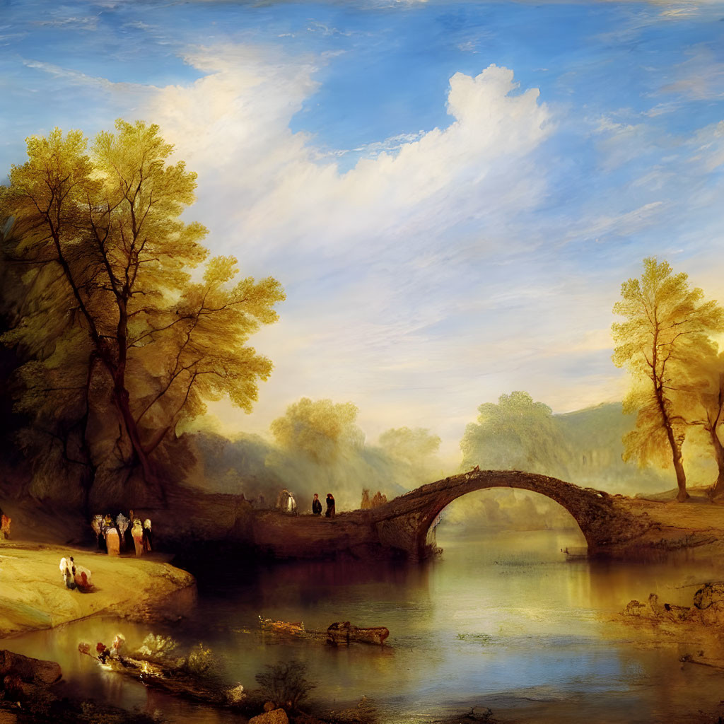 Scenic landscape painting: serene river, stone bridge, golden trees, figures by water