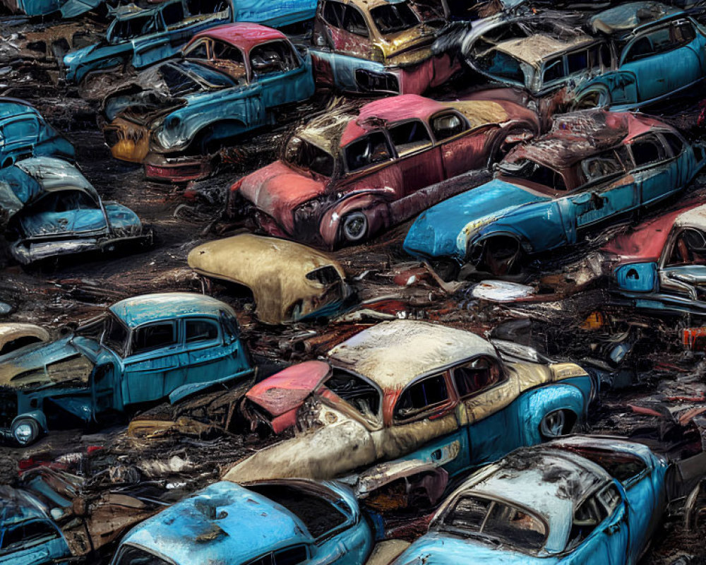 Rusting old cars in a densely packed junkyard