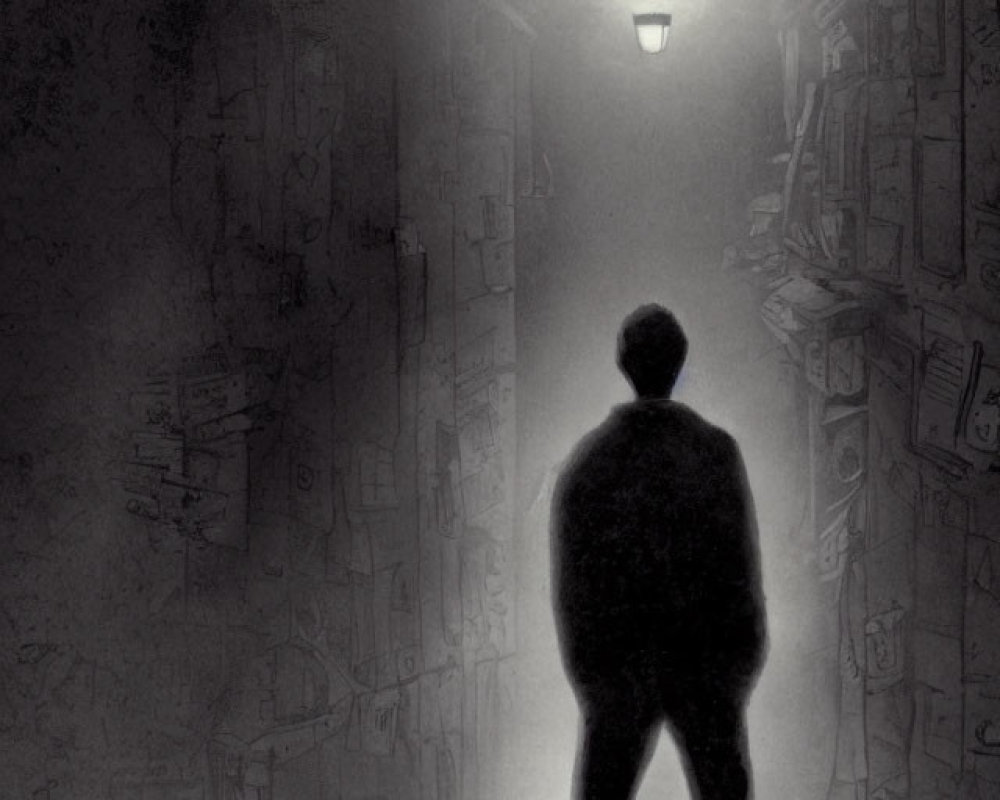 Silhouetted figure in misty alley under glowing streetlamp surrounded by dark buildings