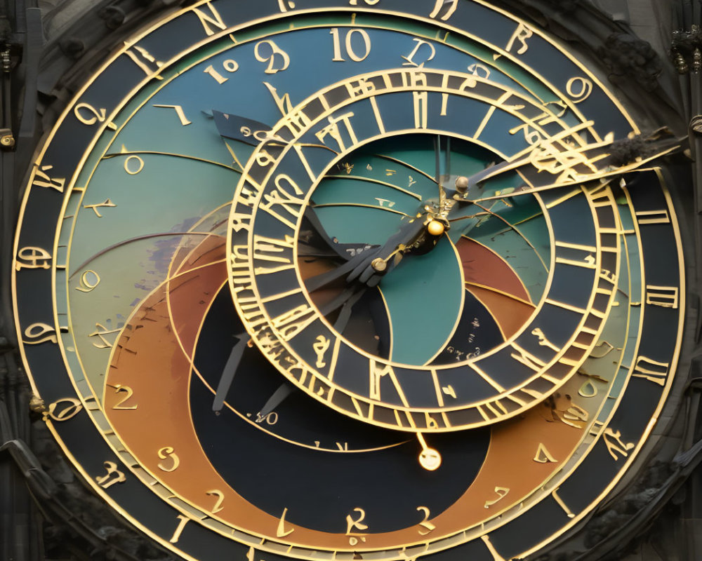 Intricate astronomical clock with golden Roman numerals and celestial designs