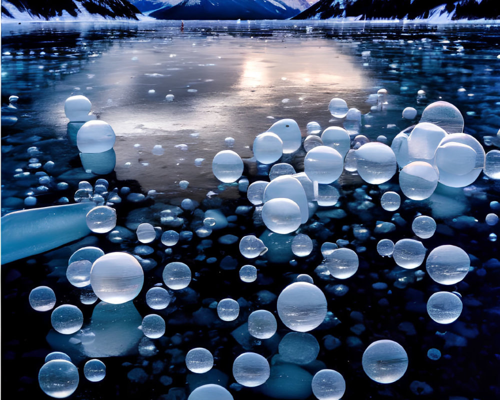 Frozen Lake Surface: Twilight Snowy Mountain Landscape