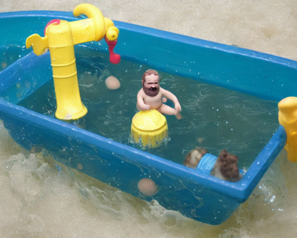 Miniature Bathtub with Man Figurine, Foam, Yellow Taps, and Toys