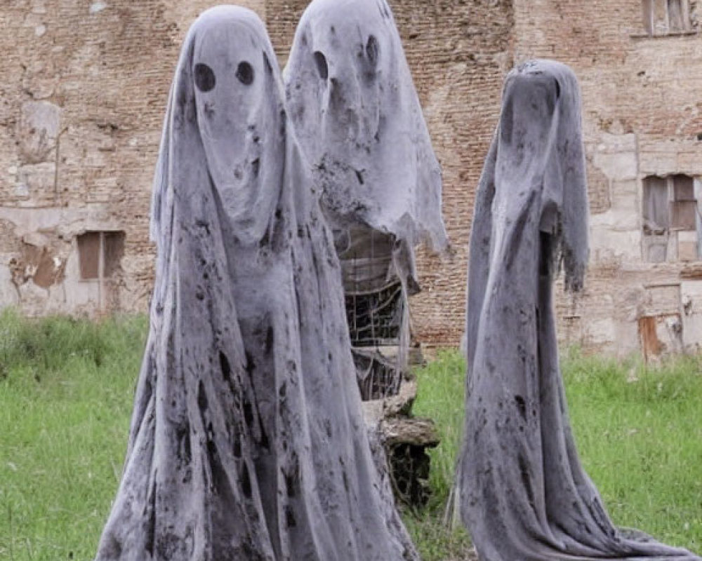 Ghostly figures in draped cloth in grassy area with ruins - eerie atmosphere