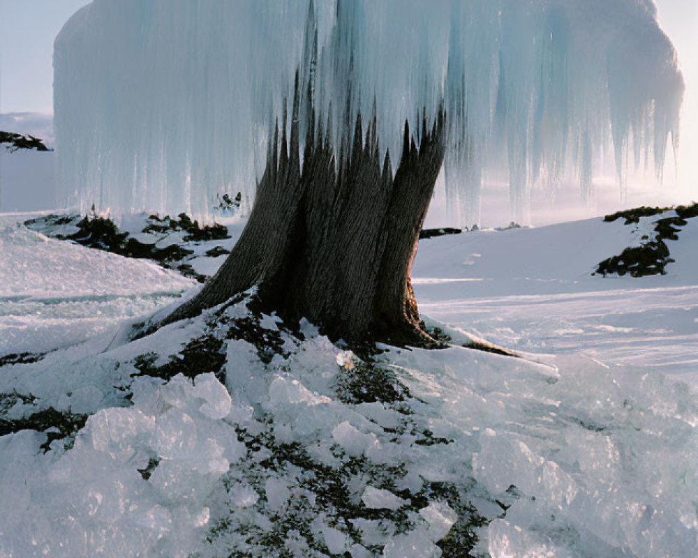 Icy Canopy Tree with Stalactite-like Formations in Snowy Landscape