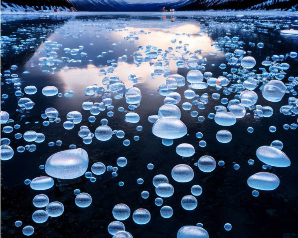 Frozen Lake Scene: Dusk with Air Bubbles, Snowy Mountains