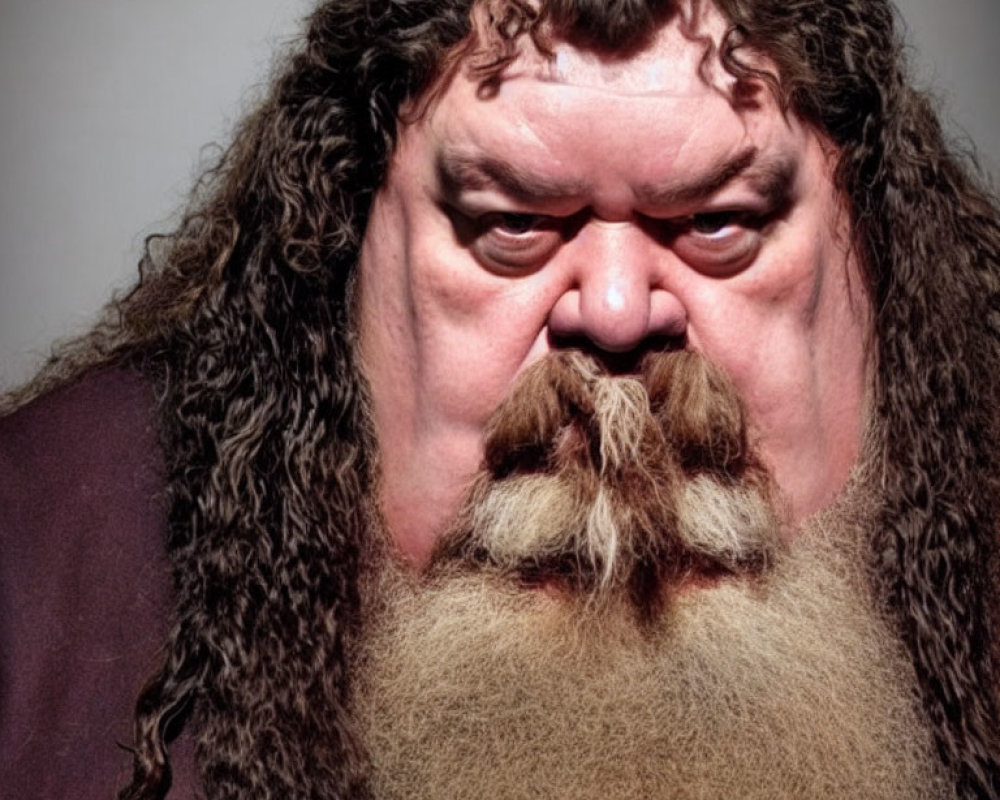 Serious man with curly hair, beard, and mustache on grey background