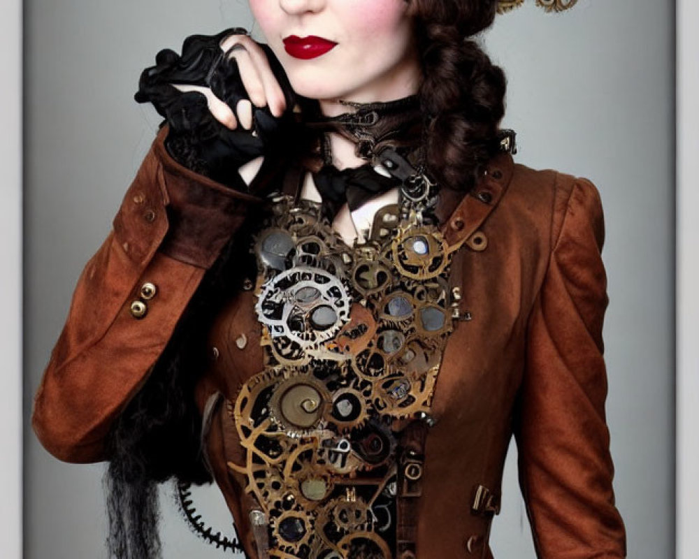 Steampunk-themed woman with top hat, corset, and gloves poses playfully