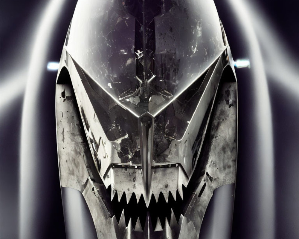 Reflective futuristic metallic helmet with angular design and white light beams