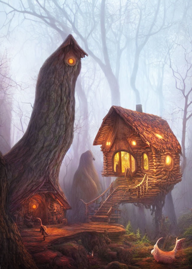 Enchanting treehouse in misty forest with glowing windows and wooden bridge surrounded by vibrant fauna.