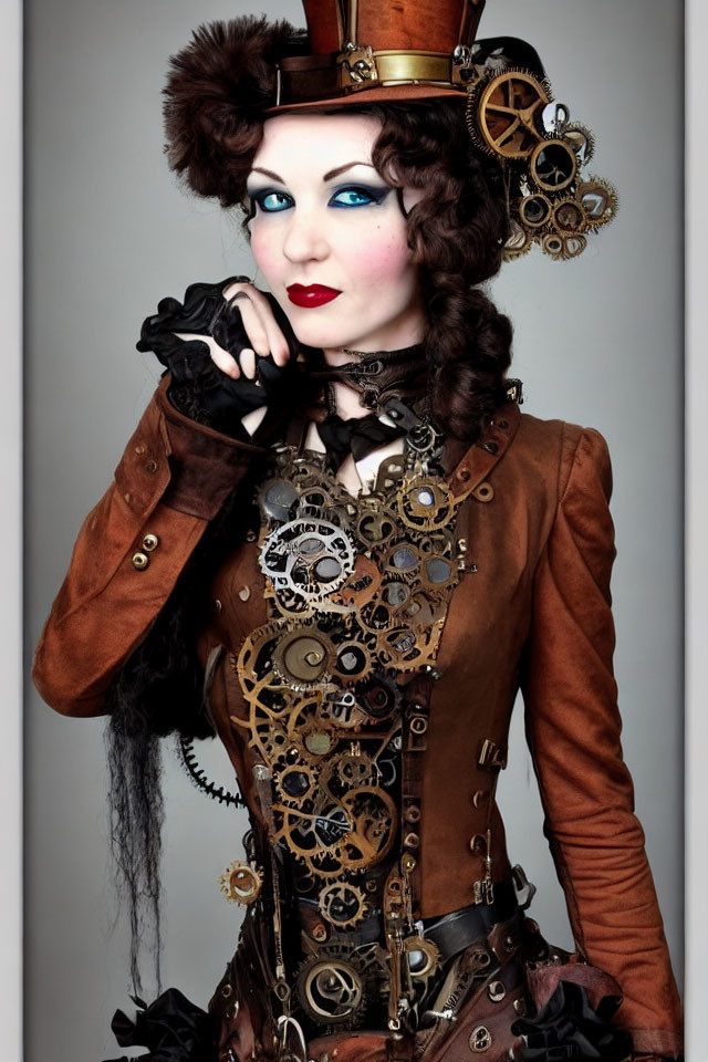 Steampunk-themed woman with top hat, corset, and gloves poses playfully