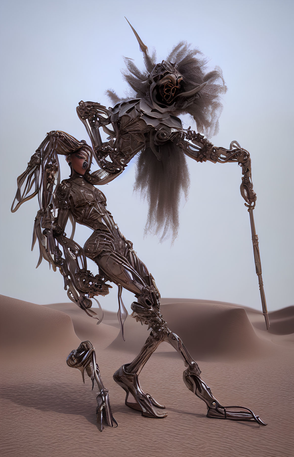 Futuristic female android in intricate metallic armor with staff and flower-like structure