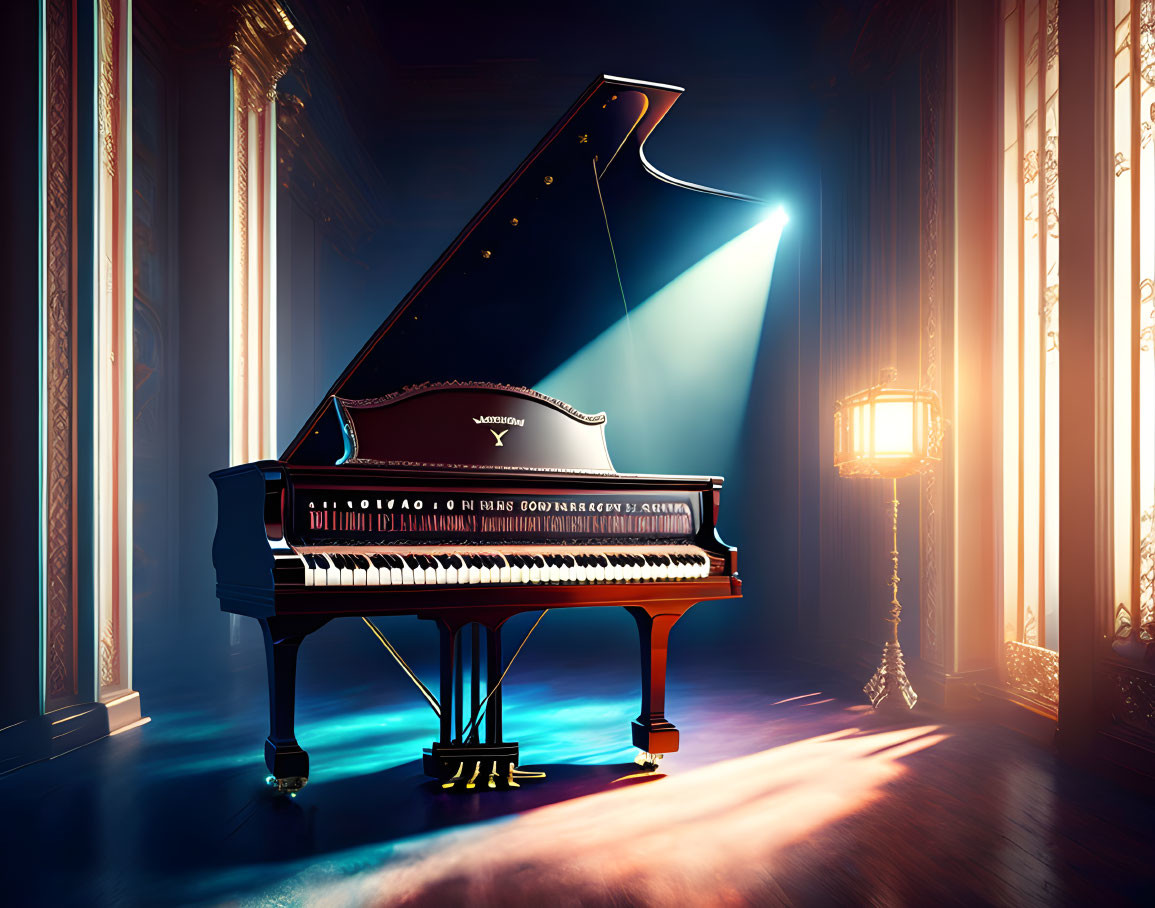 Luxurious Room with Grand Piano and Blue/Golden Lighting