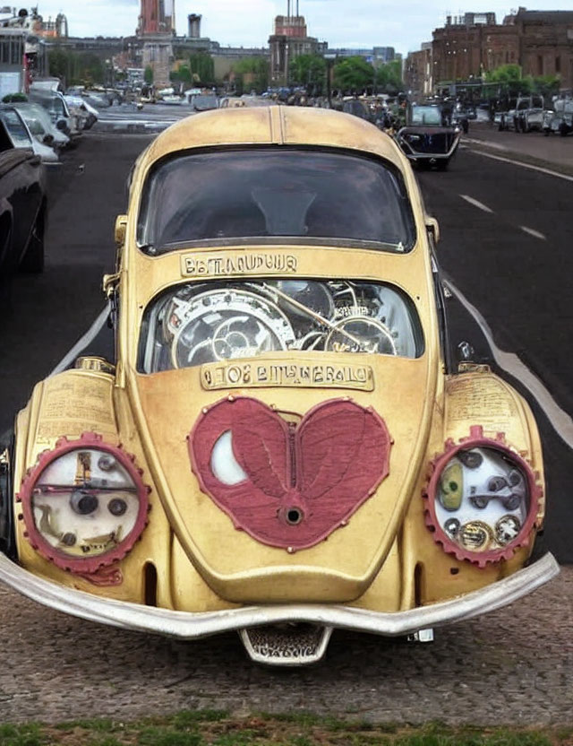Customized Volkswagen Beetle with steampunk design and heart-shaped decal parked on city street