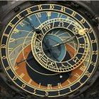 Intricate astronomical clock with golden Roman numerals and celestial designs