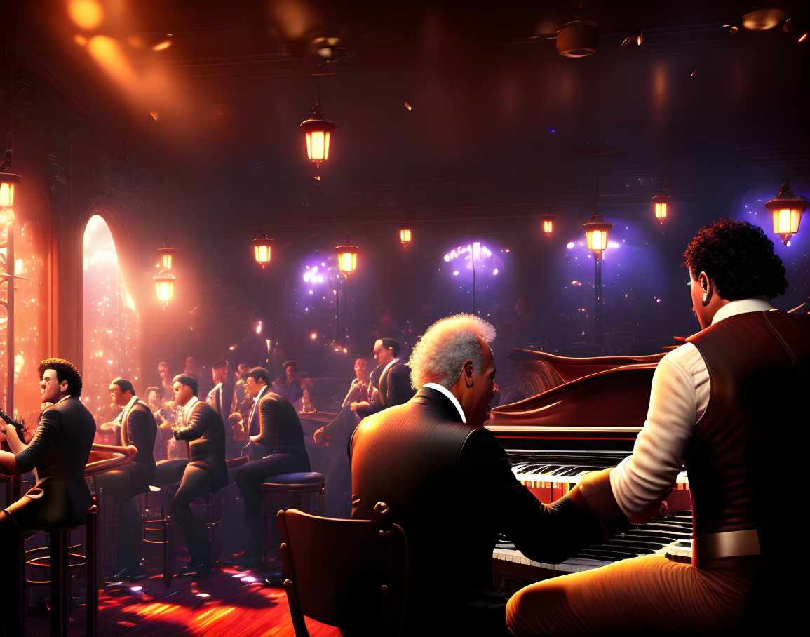 Vibrant jazz club scene with pianist and trumpet player performing under warm lighting