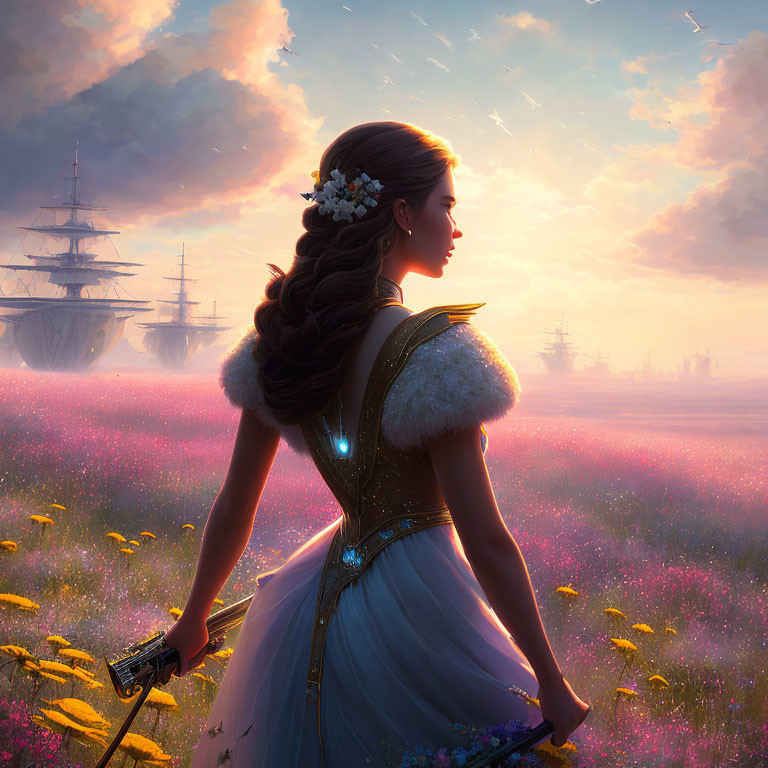 Historical woman with sword in pink flower field at sunset with floating ships