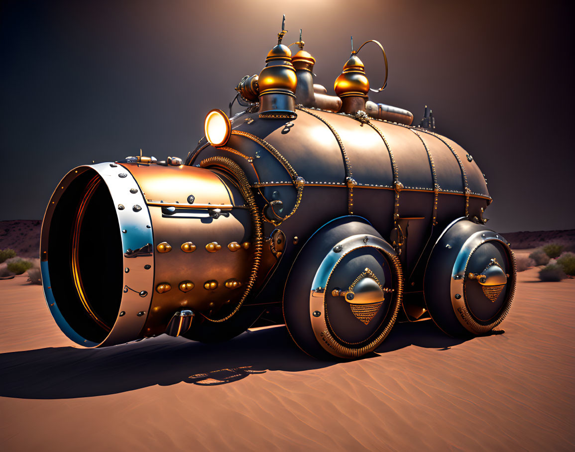 Steam-punk style submarine on sandy terrain with metallic textures