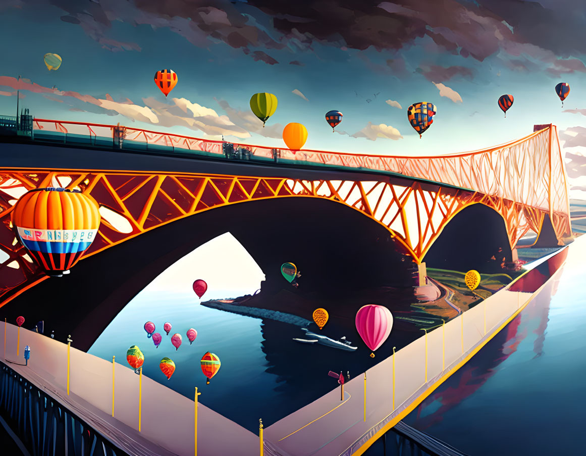 Colorful illustration of red bridge and hot air balloons over river