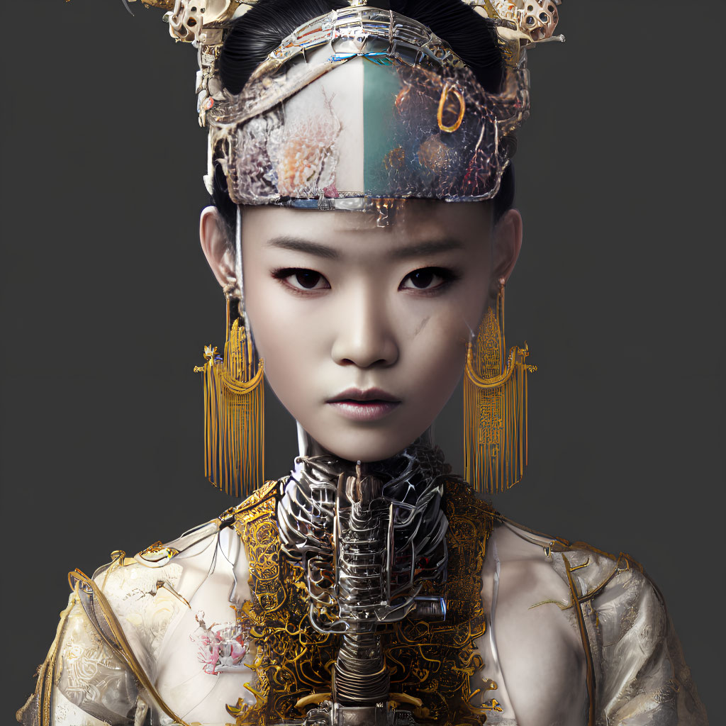 Portrait of Woman with Intricate Headpiece and Cybernetic Neck in Traditional Asian-Futuristic Fusion