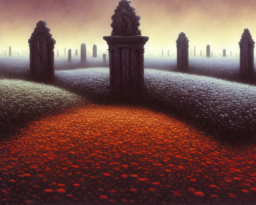 Surreal landscape with red flowers, stone pillars, and archways