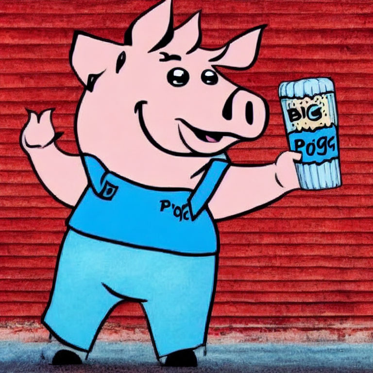 Animated pig in overalls painting graffiti on red brick wall