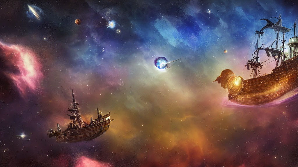 Fantastical cosmic ocean with sailing ships, nebulae, starfields, and planets