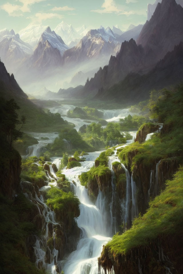 Scenic Valley with Waterfalls, River, and Mountains