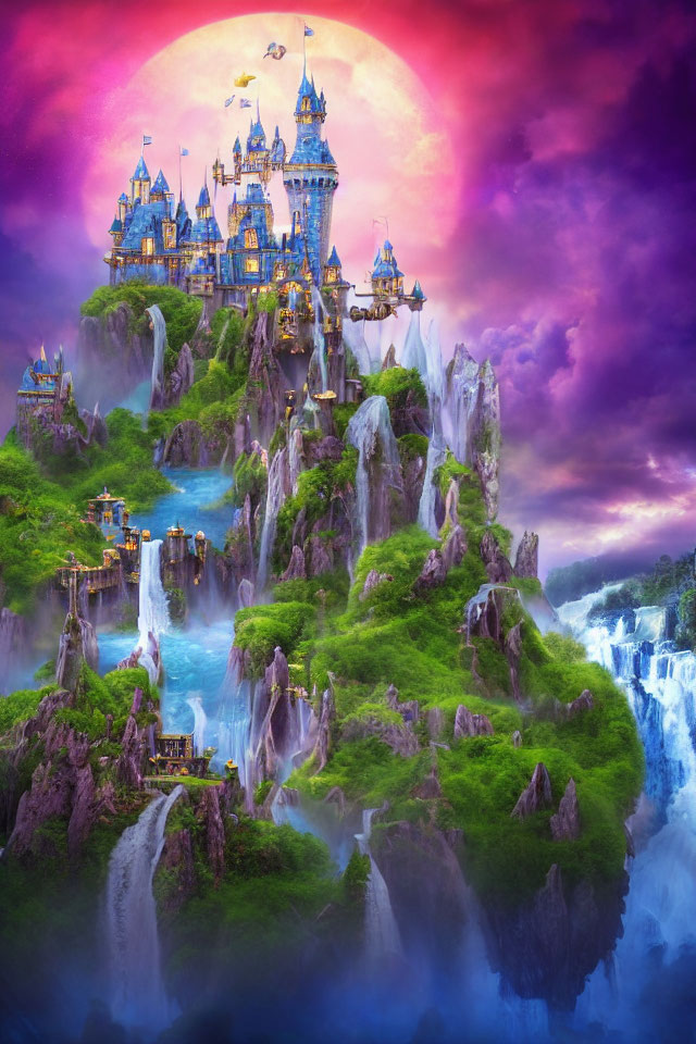 Fantasy landscape with waterfalls, greenery, castles, pink and purple sky