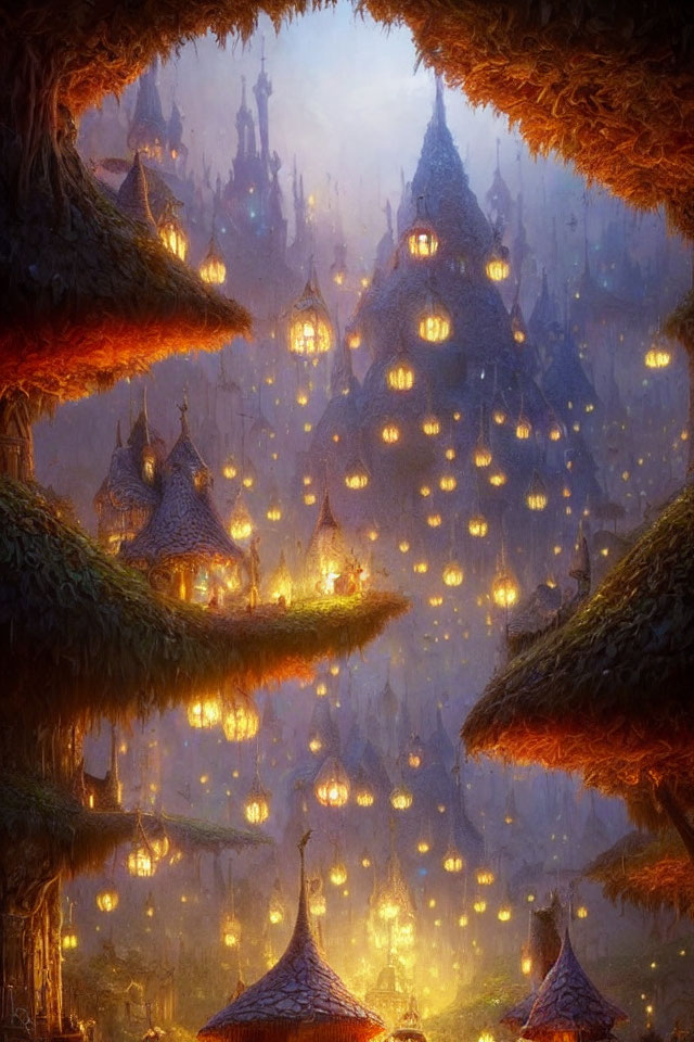 Enchanted village with glowing lanterns and thatched-roof cottages in twilight forest.