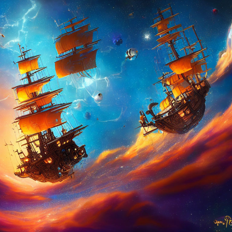 Surreal sunset scene: old sailing ships in cloudy sky with celestial bodies and lightning