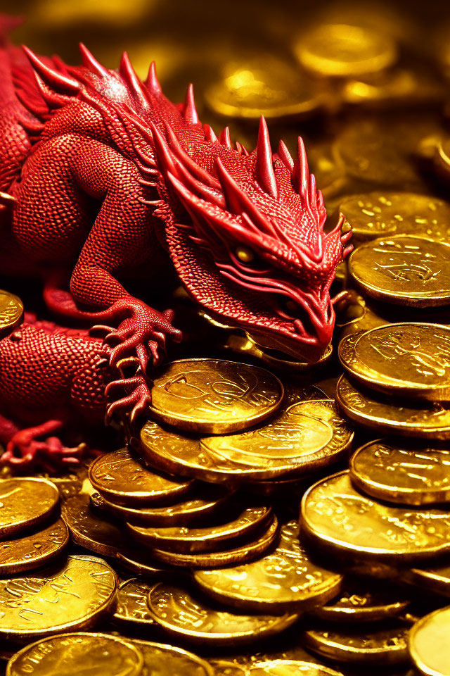 Red Dragon Figurine on Gold Coins in Warm Light