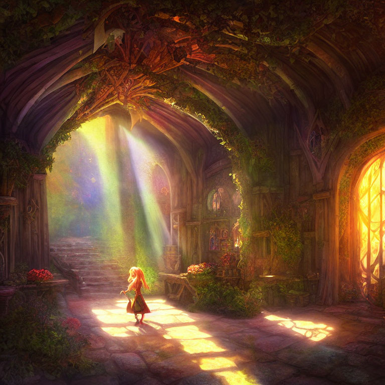 Young girl in vibrant forest cathedral with intricate stonework & ethereal light