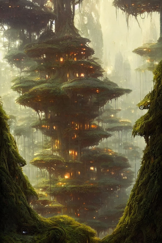 Enchanting forest with towering trees and glowing canopies