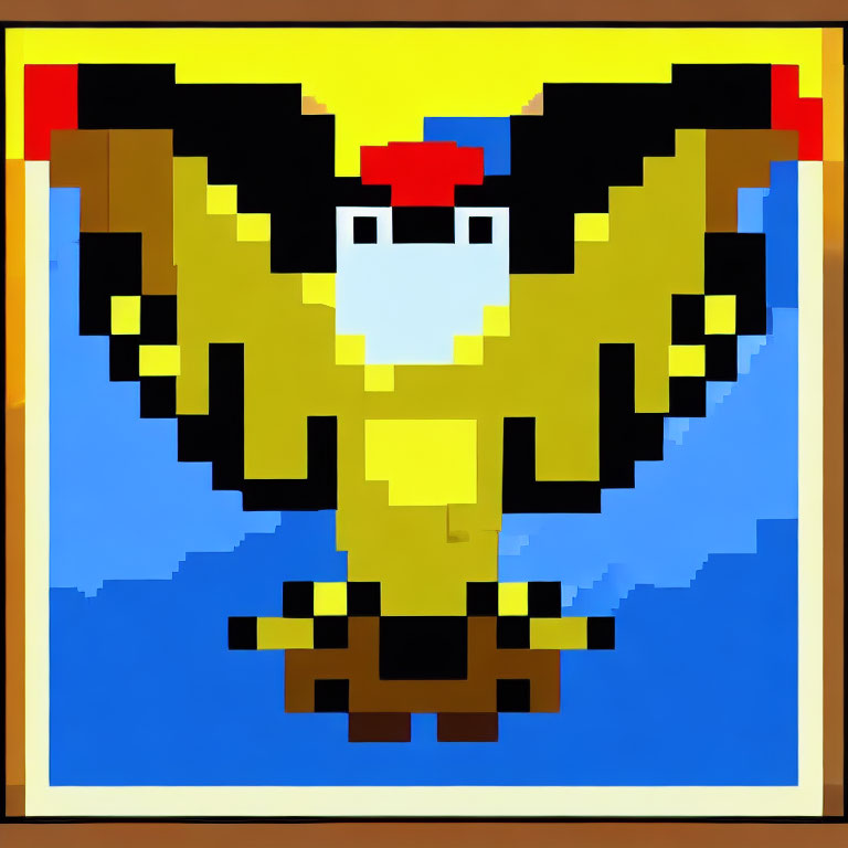 Pixelated yellow and brown bird-like creature on blue background artwork.