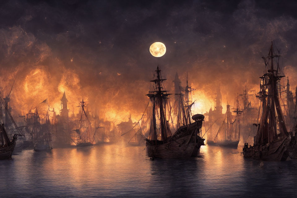 Tall ships anchored under full moon with fiery glow