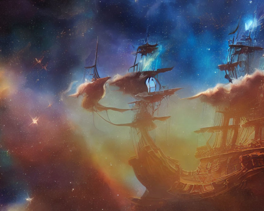 Colorful nebula transforms sailing ships into cosmic vessels among stars