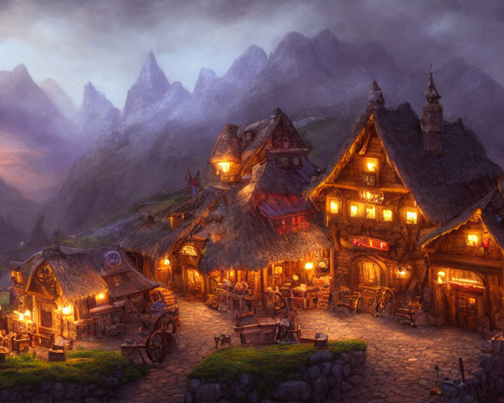 Twilight fantasy village with thatched-roof buildings in mountainous setting