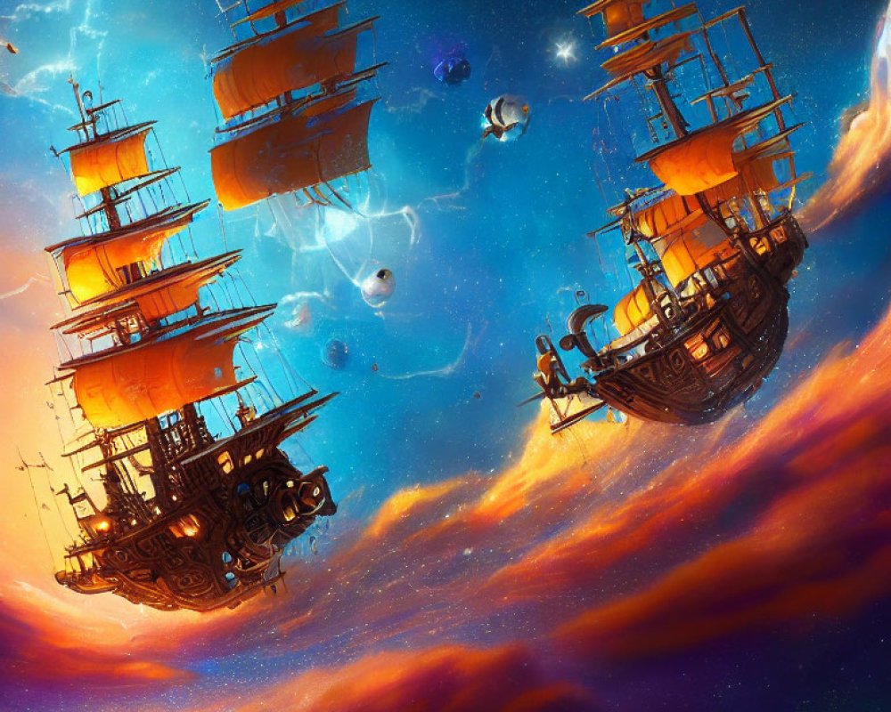 Surreal sunset scene: old sailing ships in cloudy sky with celestial bodies and lightning