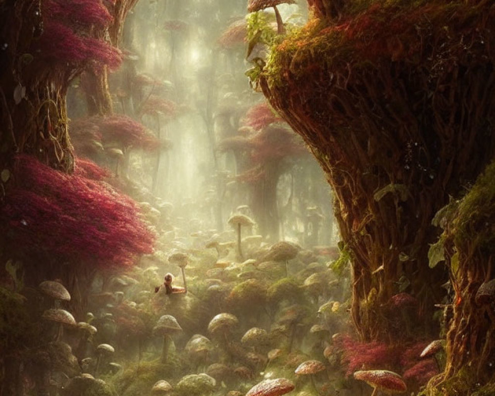 Enchanted forest scene with oversized mushrooms and vibrant red foliage