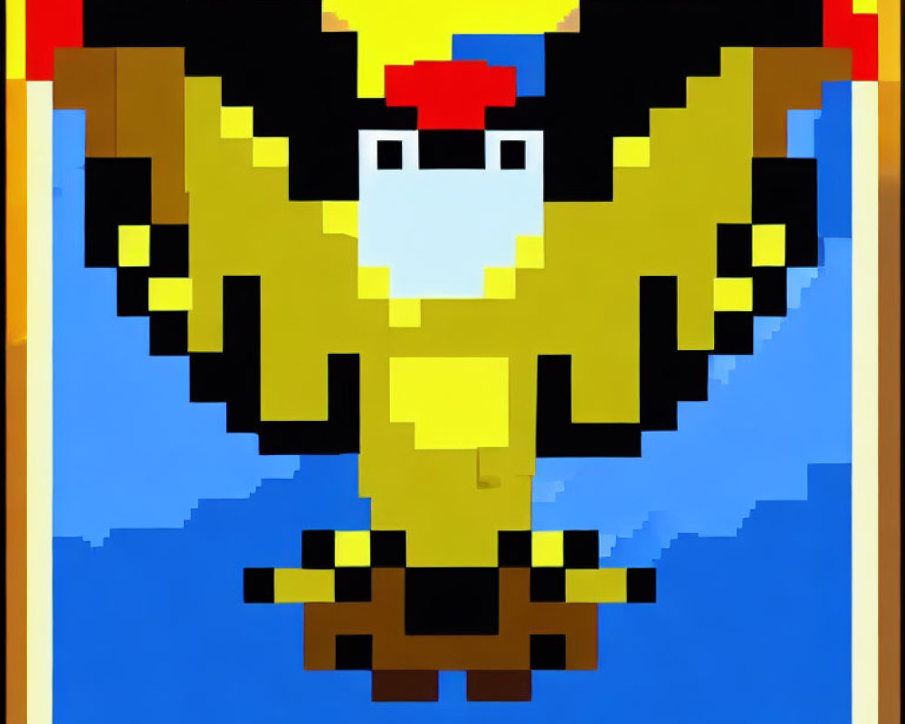 Pixelated yellow and brown bird-like creature on blue background artwork.