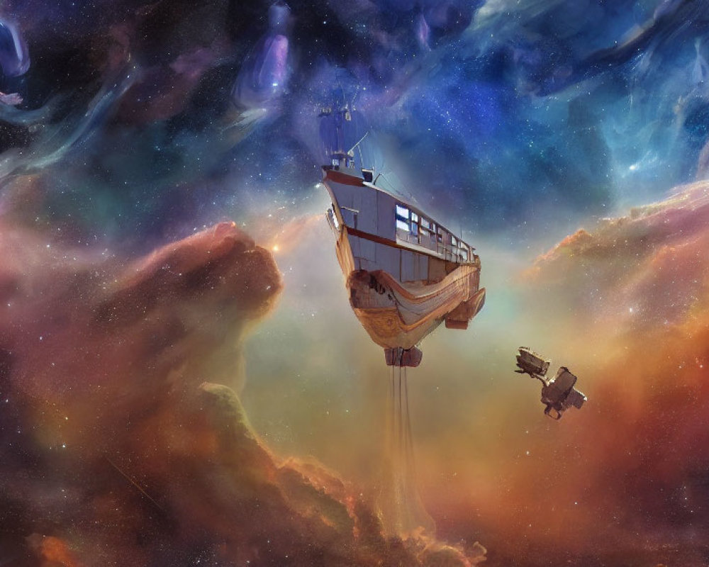 Sailing ship and spacecraft in colorful nebula and stars